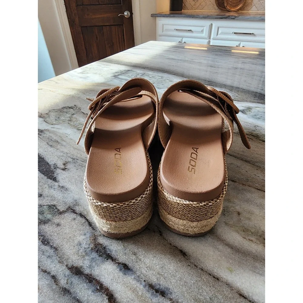 Boutique Womens Woven Espadrille Platform Slide Sandals Tan Size 7 Boho Coastal